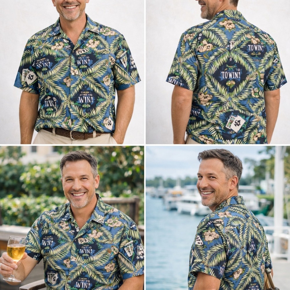 Big‎ Dogs Shirt Mens 3X Blue Green Poker Palm Print Button Front Resort Vintage